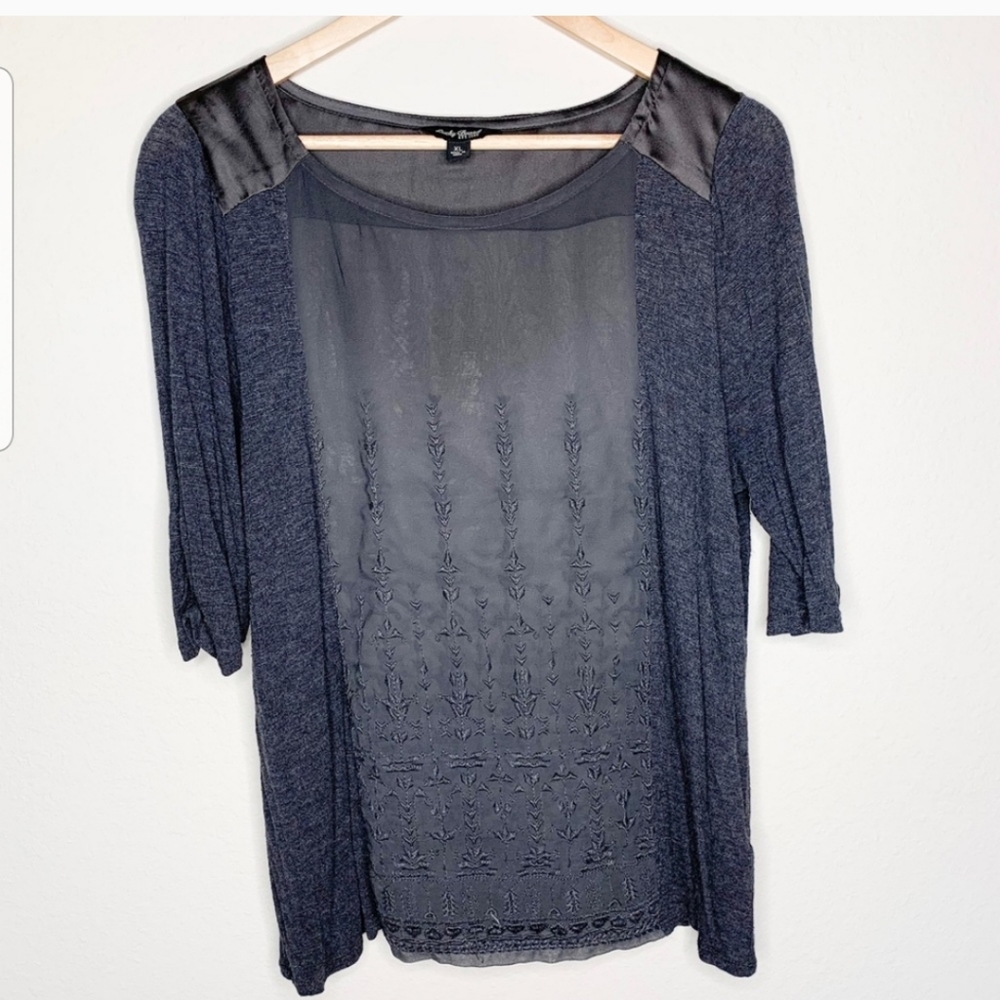 Lucky Brand Grey Lace Embroidered Top